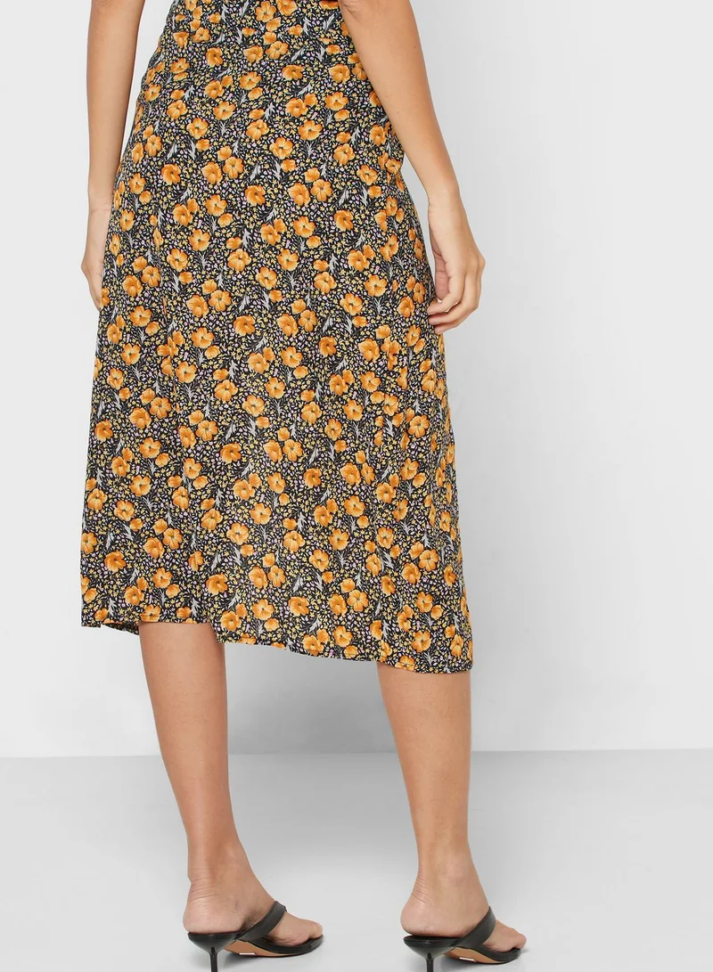 ELLA Floral Print Double Slit Midi Skirt