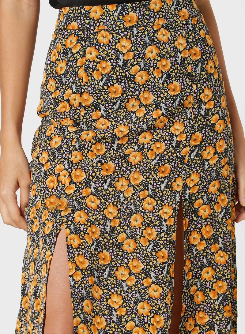 ELLA Floral Print Double Slit Midi Skirt