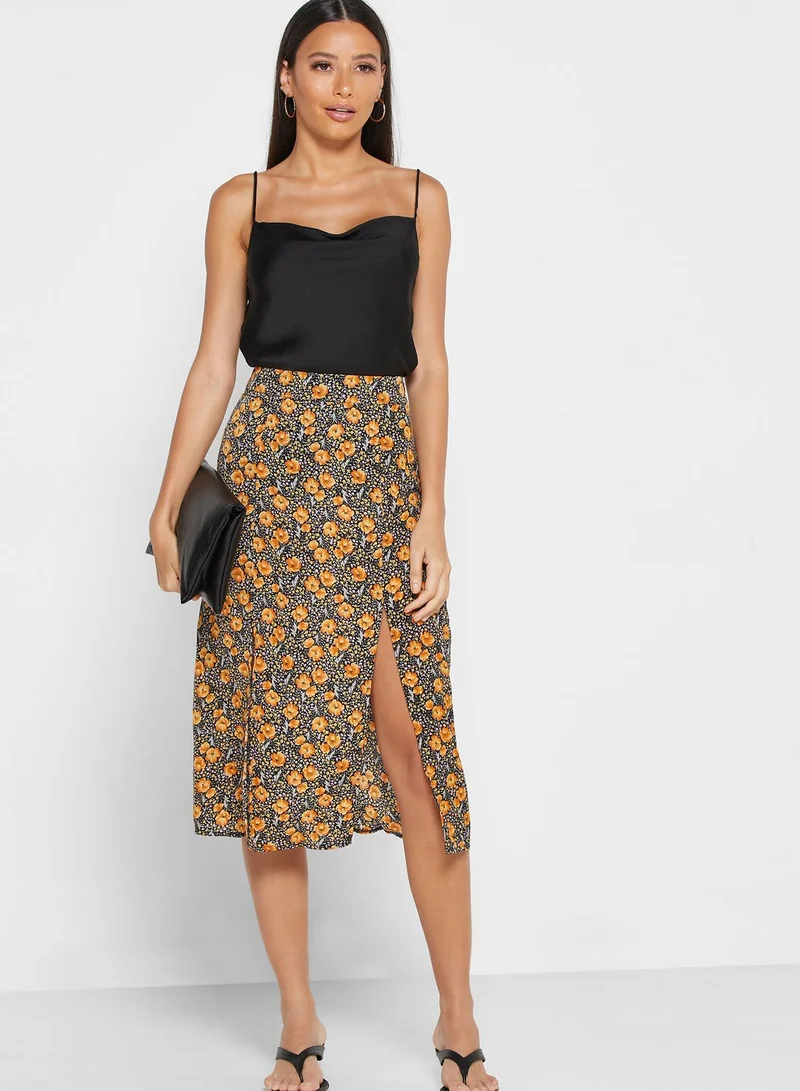 ELLA Floral Print Double Slit Midi Skirt