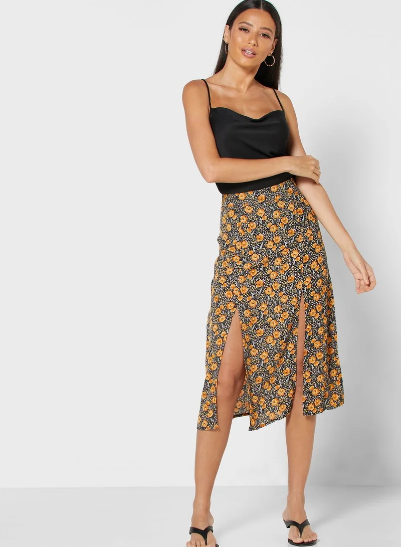 ELLA Floral Print Double Slit Midi Skirt