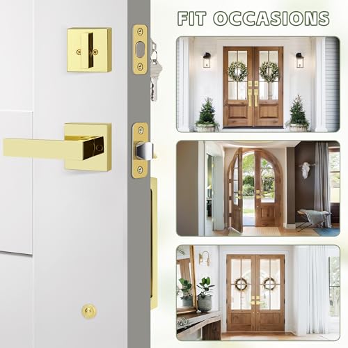 Moquin Double Front Door Lock Set, Polished Brass Square Front Door Hardware Set with Dummy, Heavy Duty Door Handle with Deadbolt, Double Entry Door Lock Set with Reversible Handle - Image 5
