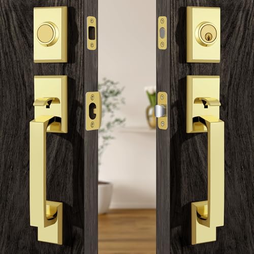 Moquin Double Front Door Lock Set, Polished Brass Square Front Door Hardware Set with Dummy, Heavy Duty Door Handle with Deadbolt, Double Entry Door Lock Set with Reversible Handle - Image 1