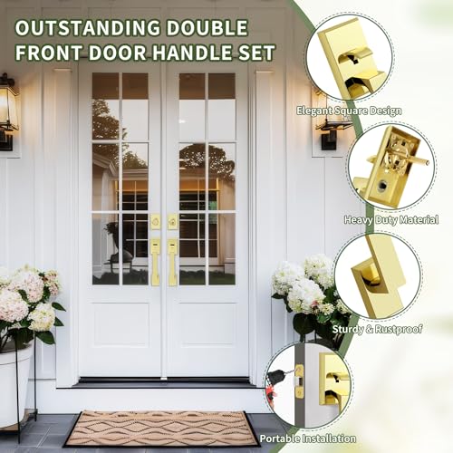 Moquin Double Front Door Lock Set, Polished Brass Square Front Door Hardware Set with Dummy, Heavy Duty Door Handle with Deadbolt, Double Entry Door Lock Set with Reversible Handle - Image 2