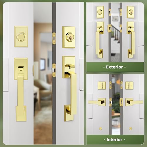 Moquin Double Front Door Lock Set, Polished Brass Square Front Door Hardware Set with Dummy, Heavy Duty Door Handle with Deadbolt, Double Entry Door Lock Set with Reversible Handle - Image 3