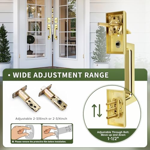 Moquin Double Front Door Lock Set, Polished Brass Square Front Door Hardware Set with Dummy, Heavy Duty Door Handle with Deadbolt, Double Entry Door Lock Set with Reversible Handle - Image 4