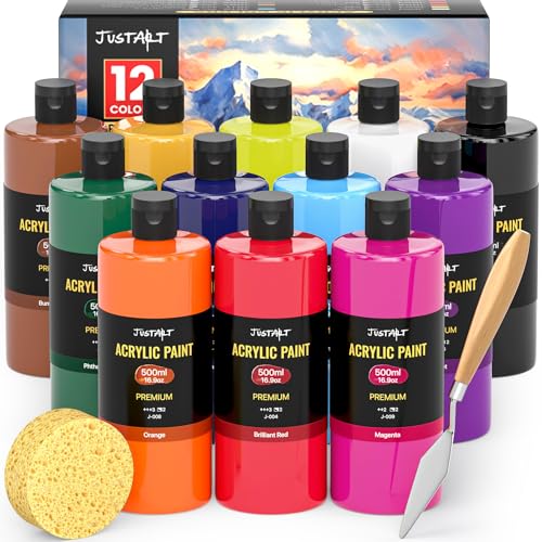 12 Colors Acrylic Paint Bottle Set 500ml169oz Large Bottles Acrylic Paint Kit Rich Pigmented Bulk Painting Supplies for Artists Beginners and Adults on Rocks Canvas Crafts Wood Ceramic Fabric
