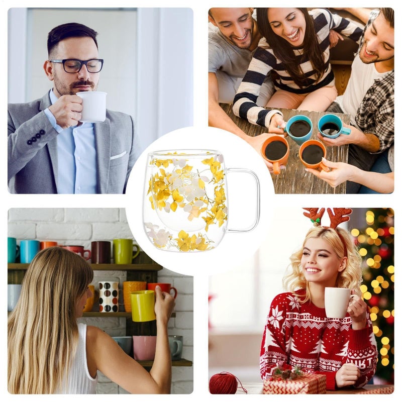 Yellow Double Wall Insulated Glass Mug 200ML Dried Flower Coffee Tea Cup - Image 5