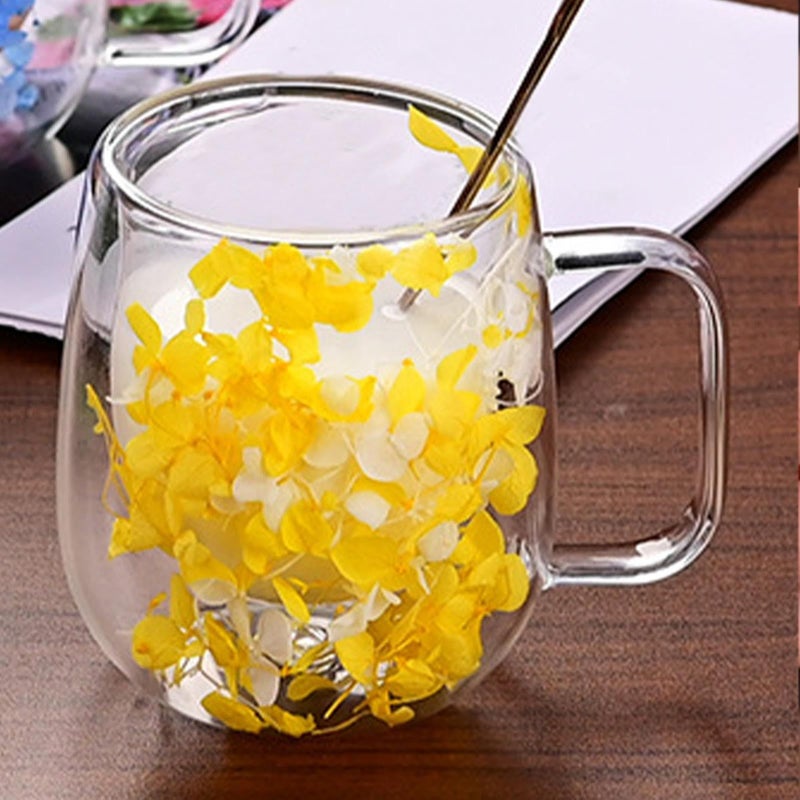 Yellow Double Wall Insulated Glass Mug 200ML Dried Flower Coffee Tea Cup - Image 4