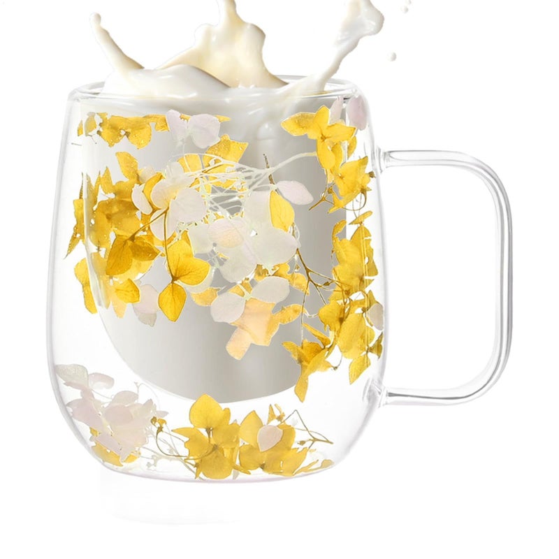Yellow Double Wall Insulated Glass Mug 200ML Dried Flower Coffee Tea Cup - Image 2