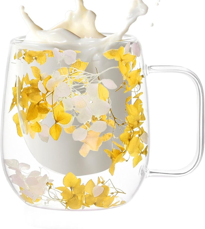 Yellow Double Wall Insulated Glass Mug 200ML Dried Flower Coffee Tea Cup - Image 1