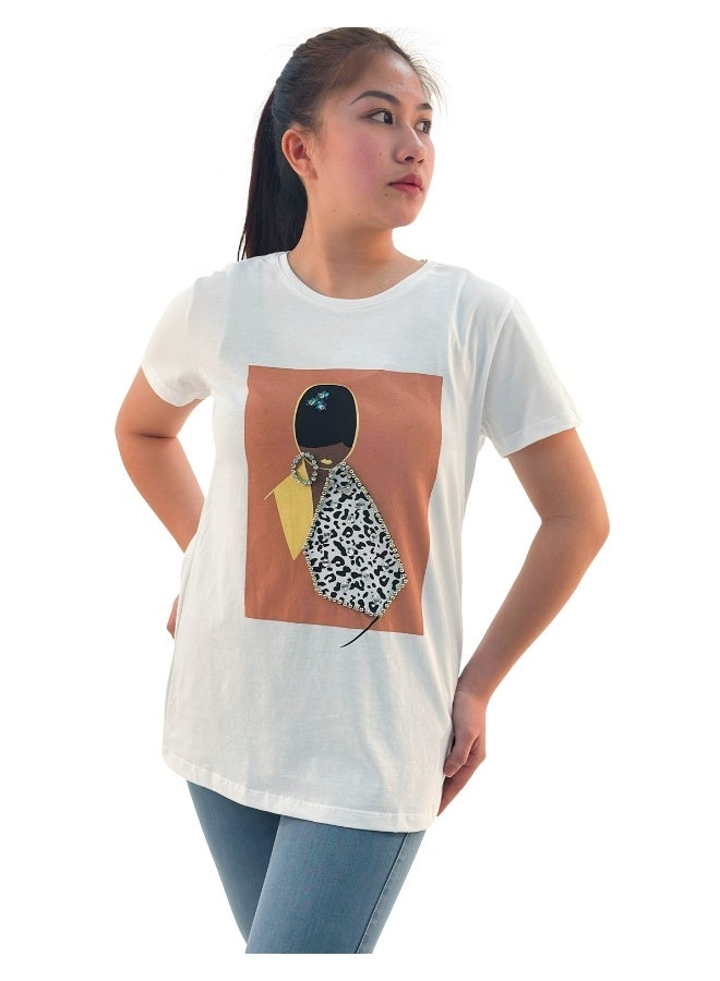 JOANNA JOANNA W203040 Women's Lady Design Round Neck Short Sleeve T-Shirt - White - Image 3
