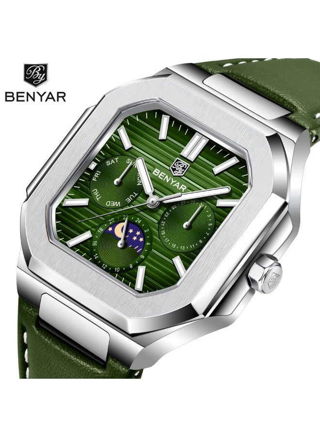 BENYAR Watches for Men Luxury Quartz Water Resistant Watch Men's Chronograph Genuine Leather Strap 5221 - Image 2