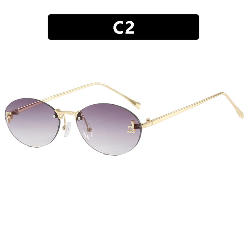 Generic Retro Oval F-Frame Edgeless Sunglasses for Women double gray 