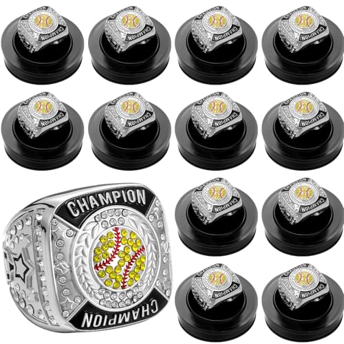 Landical 12 Pcs Softball Champion Rings Softball Championship Trophy Rings Sport Ball Games Award Gift with Display Neck Chain and Stand for Tournament or Champion WinnerSilver - Image 1