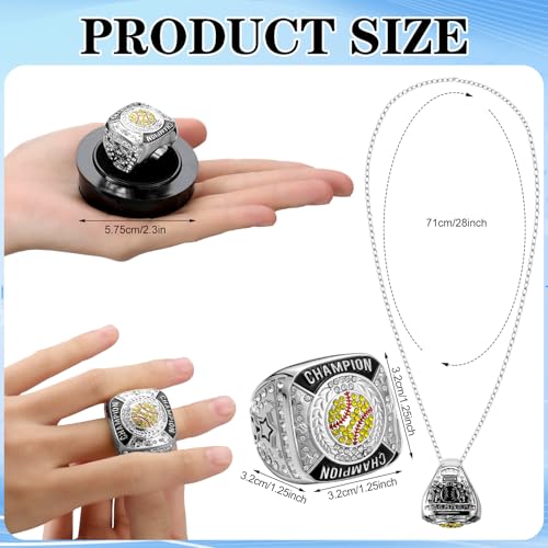 Landical 12 Pcs Softball Champion Rings Softball Championship Trophy Rings Sport Ball Games Award Gift with Display Neck Chain and Stand for Tournament or Champion WinnerSilver - Image 3