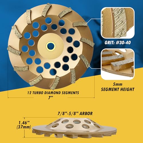 EDiamondTools 7" Diamond Grinding Wheels for Concrete or Masonry, 12 Turbo Segments, #30/40 Grit, Medium Bond, 7/8"-5/8" Arbor - Image 4