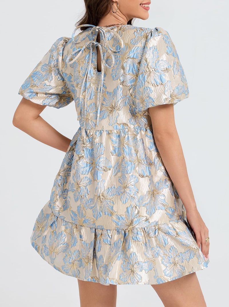 Ladyful Women's Floral Jacquard Mini Dress Short Puff Sleeve Tiered Babydoll A-Line Dress Elegant Shiny Party Outfits Blue - Image 2