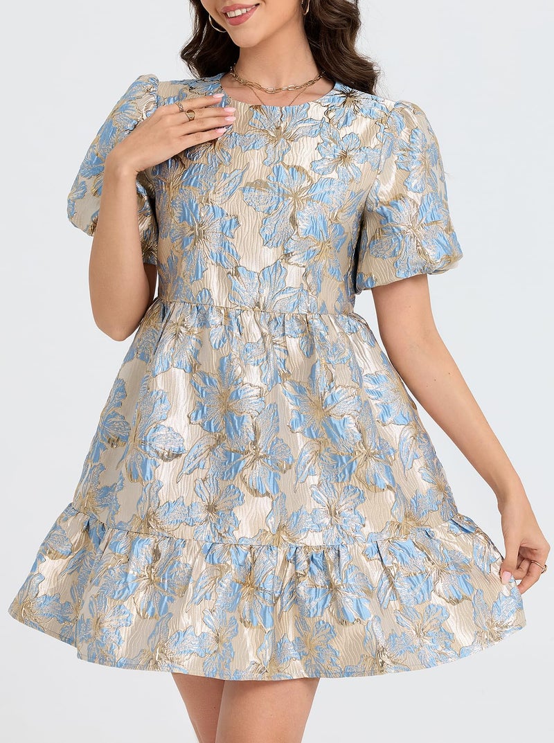 Ladyful Women's Floral Jacquard Mini Dress Short Puff Sleeve Tiered Babydoll A-Line Dress Elegant Shiny Party Outfits Blue - Image 4