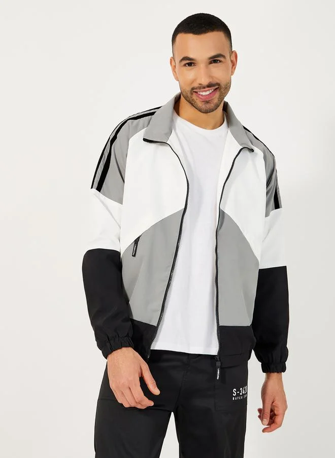 Styli Retro Color Block Windbreaker Jacket with Patch Detail