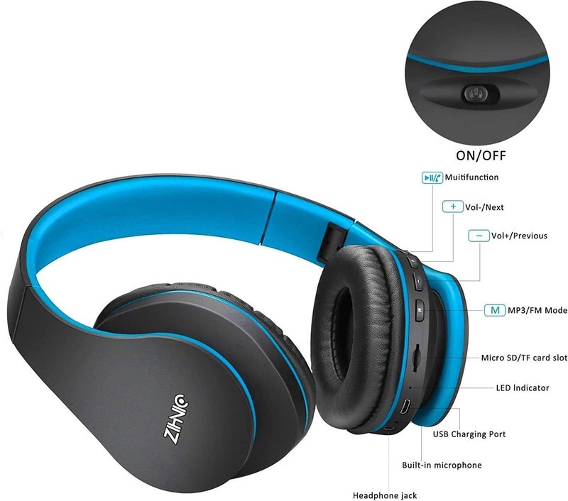 ZIHNIC Bluetooth Headphones Over-Ear, Foldable Wireless and Wired Stereo Headset Micro SD/TF, FM for Cell Phone,PC,Soft Earmuffs &Light Weight for Prolonged Wearing (Black/Blue) - Image 4