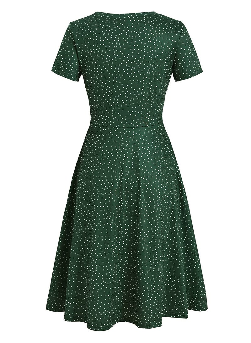 HELYO Women's Elegant Vintage 50s Office Casual Floral Print Work Party A-Line Swing Dress with Pockets 162 (M, Green Dot) - Image 4