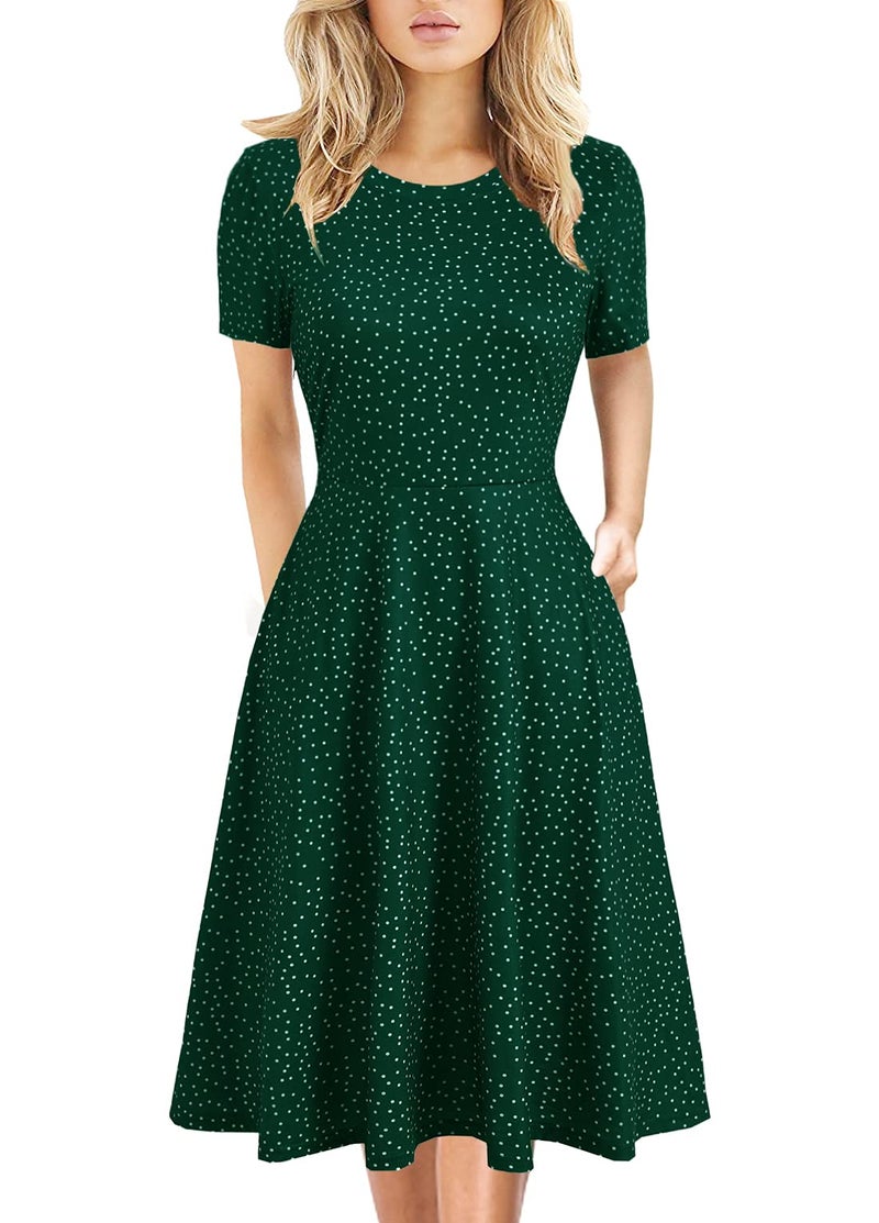 HELYO Women's Elegant Vintage 50s Office Casual Floral Print Work Party A-Line Swing Dress with Pockets 162 (M, Green Dot) - Image 1