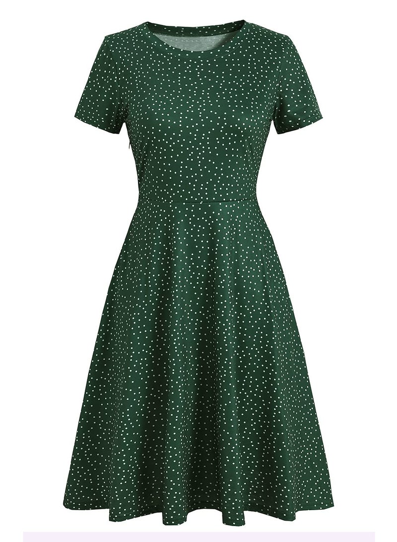HELYO Women's Elegant Vintage 50s Office Casual Floral Print Work Party A-Line Swing Dress with Pockets 162 (M, Green Dot) - Image 3