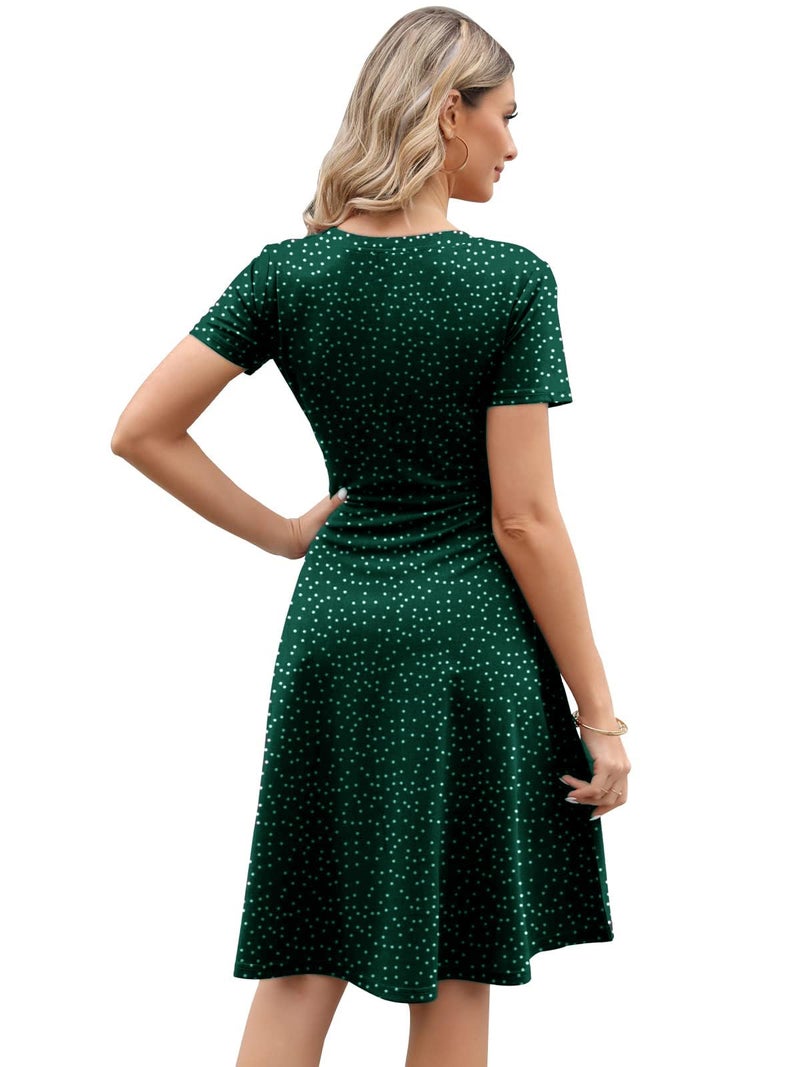 HELYO Women's Elegant Vintage 50s Office Casual Floral Print Work Party A-Line Swing Dress with Pockets 162 (M, Green Dot) - Image 2