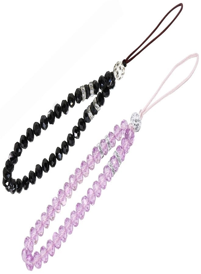 zdyCGTime Cell Phone Lanyard Strap Bling Crystal Beads Hand Wrist Lanyard Strap String for Cell Phone Camera Purse MP3 MP4 iPod PSP Keychain (2 Packs)(17cmBlack&Purple) - Image 1