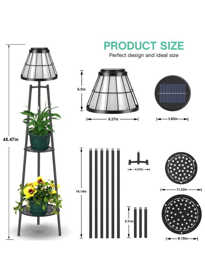 VISFLAIR 45.4'' Solar Floor Lamps with 2 Tier Plant Stand, 2 Pack Waterproof Metal Solar Powered Outdoor Lights Flower Shelf for Patio Deck Yard Garden Porch Decor - Image 3