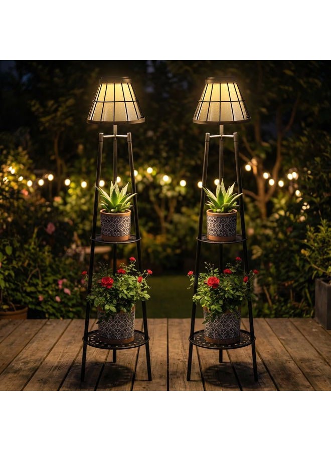 VISFLAIR 45.4'' Solar Floor Lamps with 2 Tier Plant Stand, 2 Pack Waterproof Metal Solar Powered Outdoor Lights Flower Shelf for Patio Deck Yard Garden Porch Decor - Image 4