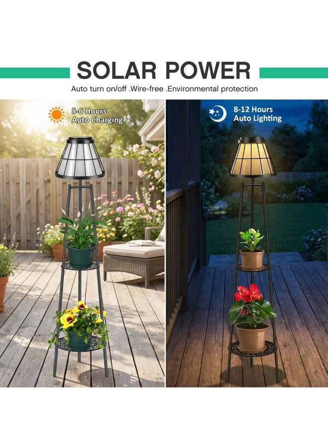 VISFLAIR 45.4'' Solar Floor Lamps with 2 Tier Plant Stand, 2 Pack Waterproof Metal Solar Powered Outdoor Lights Flower Shelf for Patio Deck Yard Garden Porch Decor - Image 2