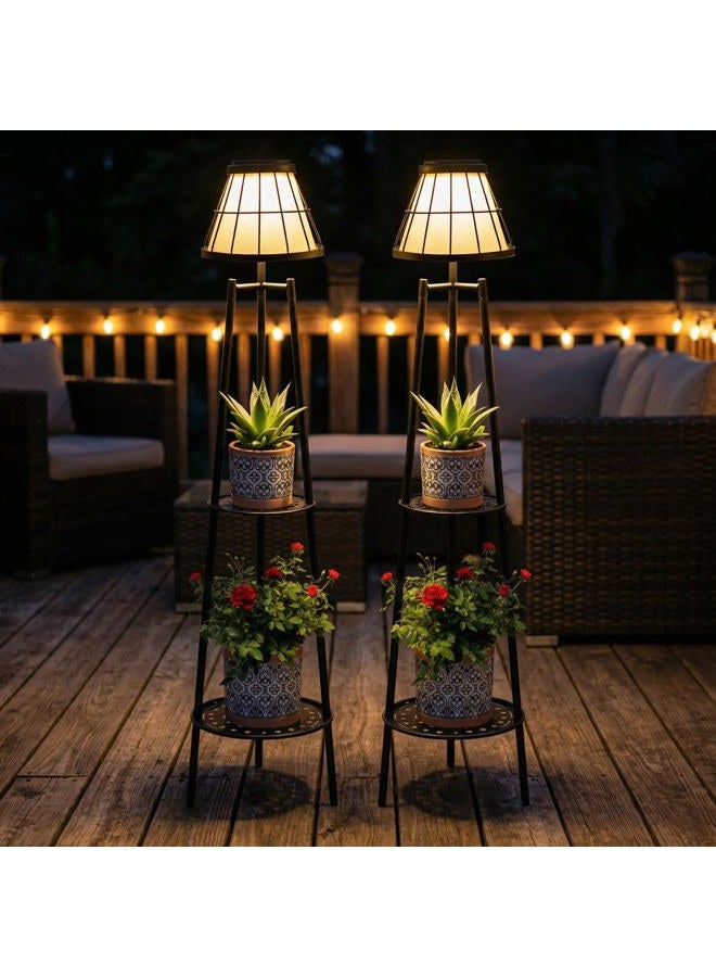 VISFLAIR 45.4'' Solar Floor Lamps with 2 Tier Plant Stand, 2 Pack Waterproof Metal Solar Powered Outdoor Lights Flower Shelf for Patio Deck Yard Garden Porch Decor - Image 1