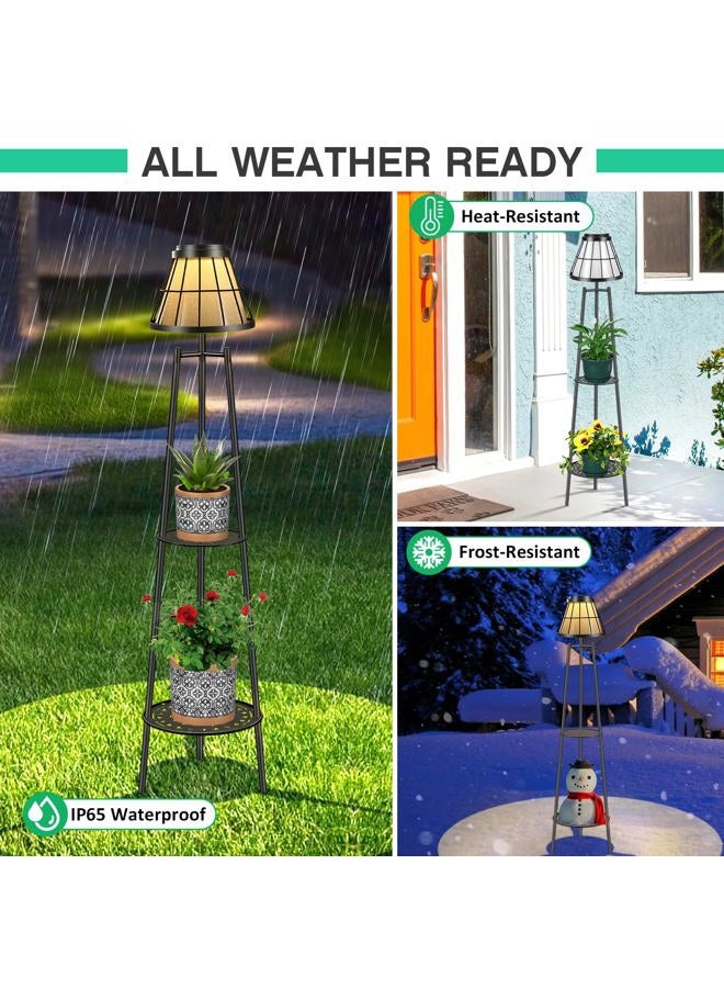 VISFLAIR 45.4'' Solar Floor Lamps with 2 Tier Plant Stand, 2 Pack Waterproof Metal Solar Powered Outdoor Lights Flower Shelf for Patio Deck Yard Garden Porch Decor - Image 5