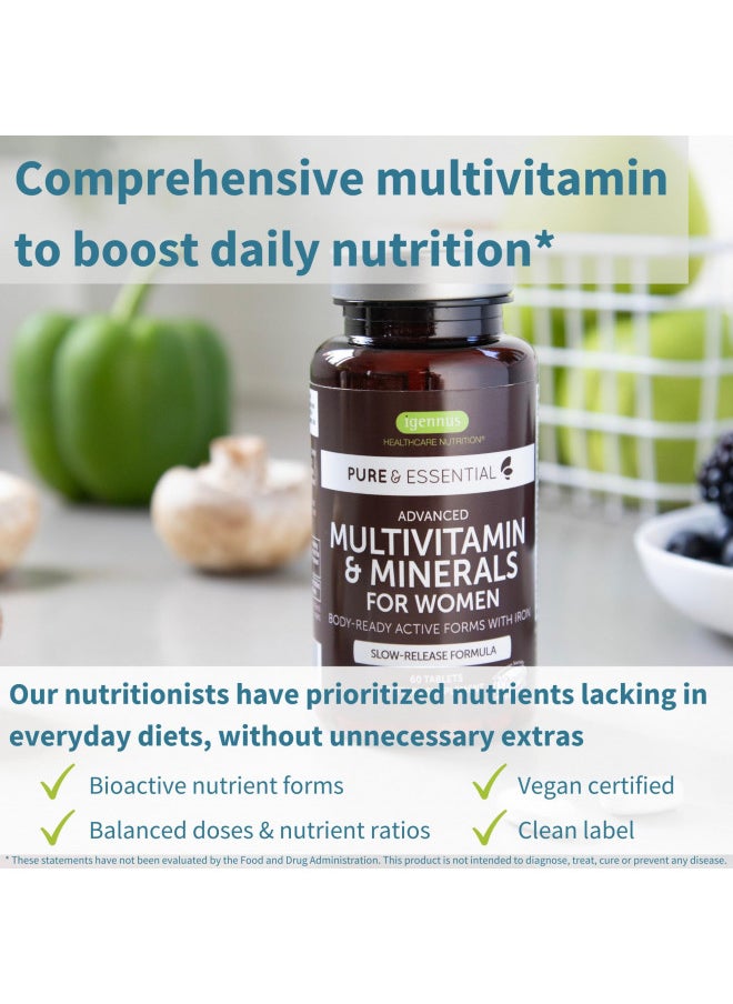 Pure & Essential Advanced Vegan Methylated Multivitamin & Minerals for Women with Iron, Folate, Clean Label, Non-GMO, Sustained Release, 180 Tablets