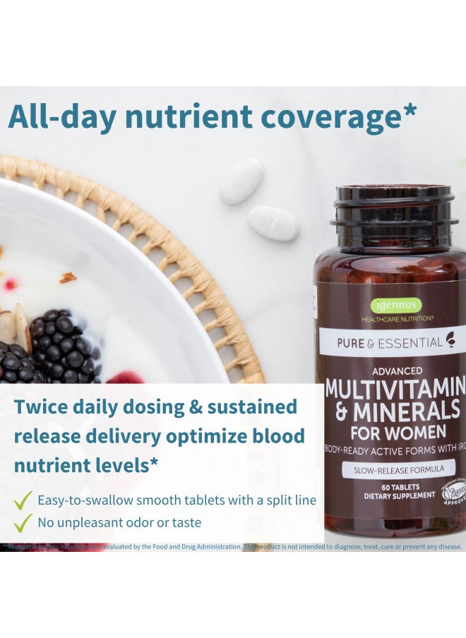 Pure & Essential Advanced Vegan Methylated Multivitamin & Minerals for Women with Iron, Folate, Clean Label, Non-GMO, Sustained Release, 180 Tablets