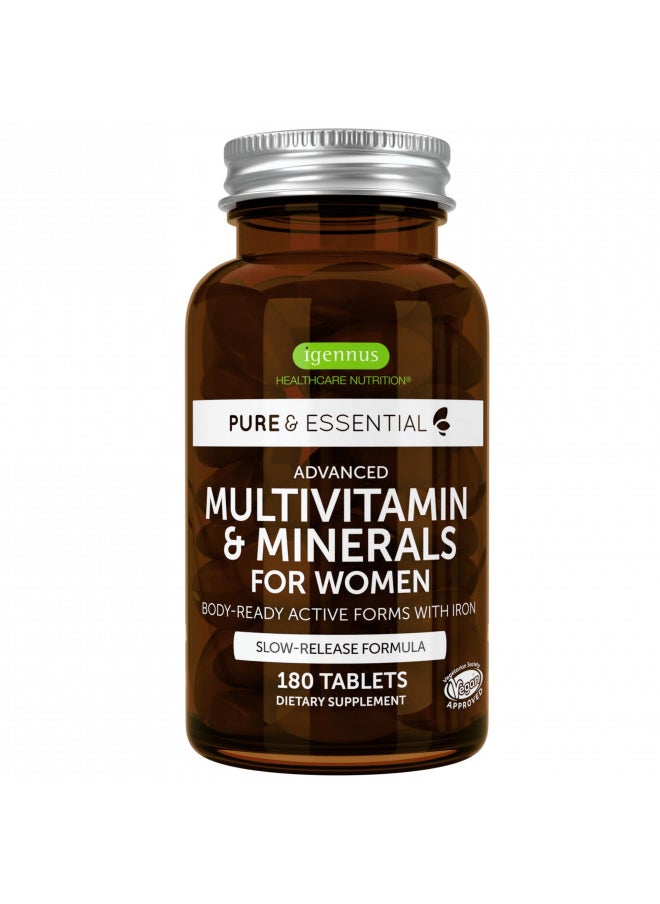 Pure & Essential Advanced Vegan Methylated Multivitamin & Minerals for Women with Iron, Folate, Clean Label, Non-GMO, Sustained Release, 180 Tablets