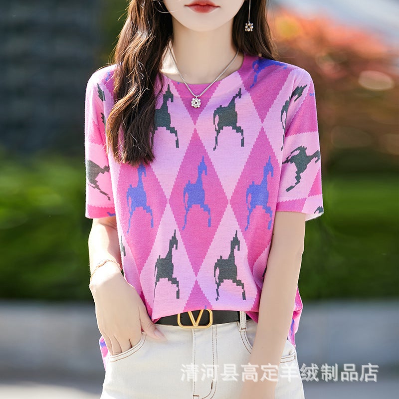 There Is Always A Suitable One-Summer Classic Joker Mulberry Silk Various Printed Pattern Round Neck Short Sleeve T-Shirt - Image 1