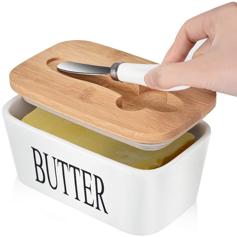 Large Butter Dish with Lid Porcelain Butter Container with Knife Holds 2 Sticks of Butter with Double Silicone Seals design Ceramic Butter Dish with Covers Perfect for East West Coast ButterWhite