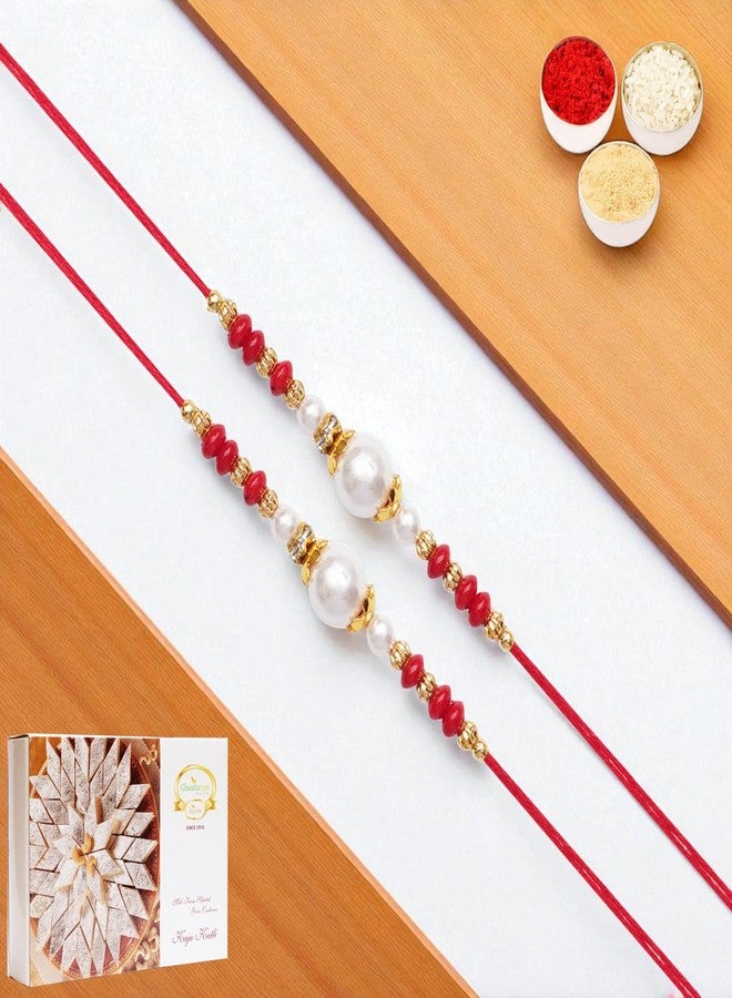 Jaiccha Ghasitaram Gifts Jaiccha Rakhi for Brother Rakhis Online Set of 2-6210 Pearl Rakhi with 200 GMS of Kaju katli - Image 1