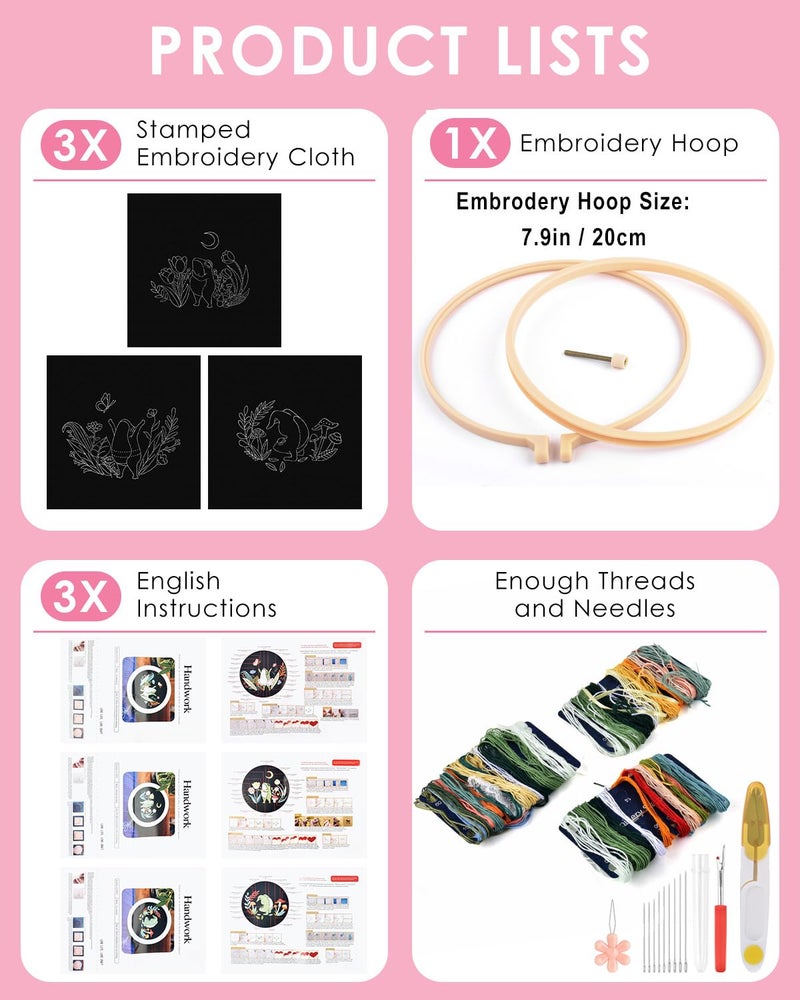 TINDTOP 3 Sets Embroidery Kit for Adults, Frog Embroidery Practice Kit for Beginners Include Embroidery Cloth Hoops Threads for Craft Lover Hand Stitch with Embroidery Skill Techniques - Image 2