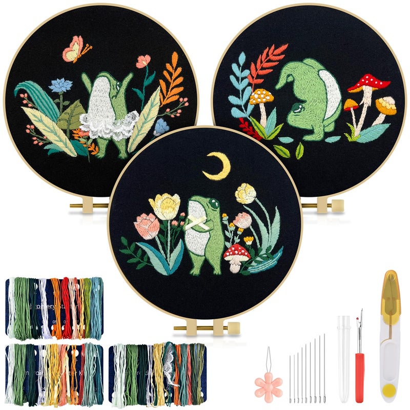 TINDTOP 3 Sets Embroidery Kit for Adults, Frog Embroidery Practice Kit for Beginners Include Embroidery Cloth Hoops Threads for Craft Lover Hand Stitch with Embroidery Skill Techniques - Image 1