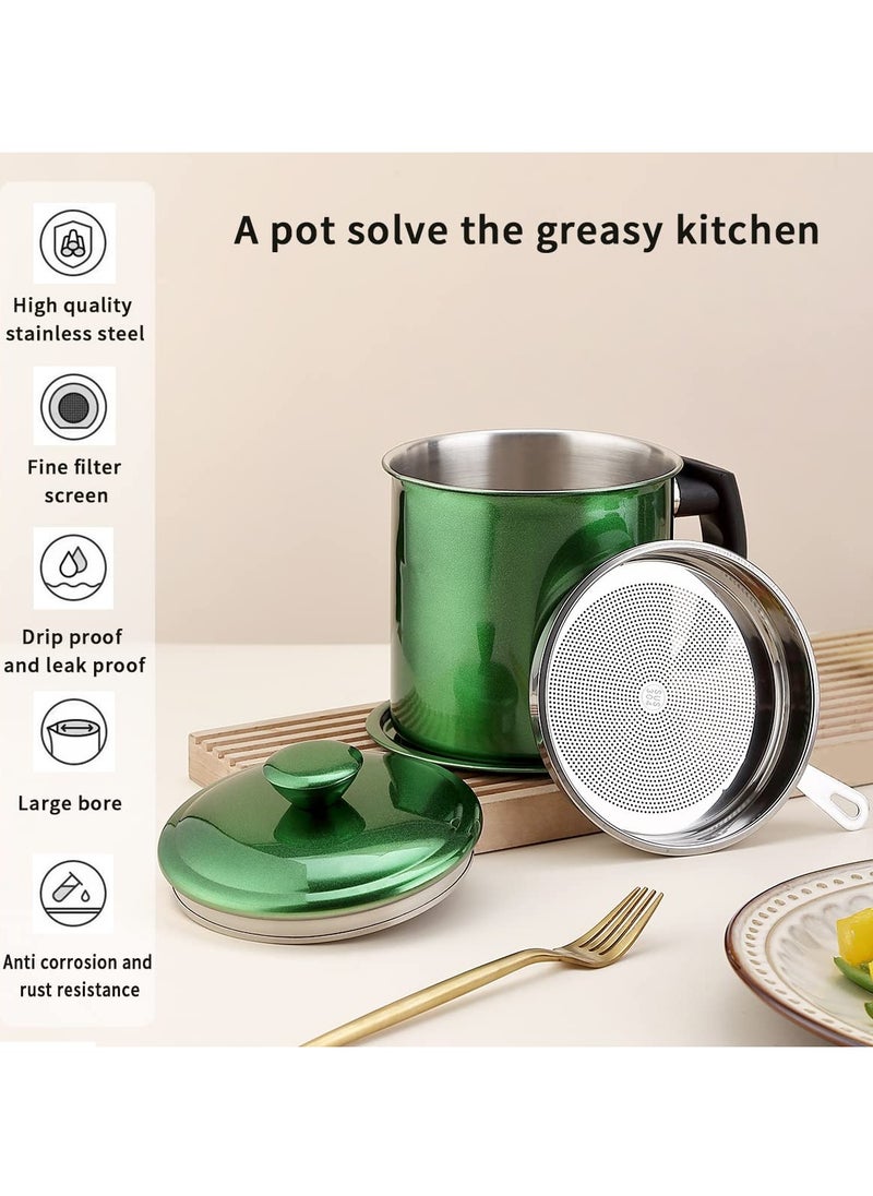 SYOSI - Grease Container with Strainer, 1.4L Stainless Steel Oil Container for Storing Used Cooking Oil with Lid & Handle Suitable for Home Use (Green) - Image 1