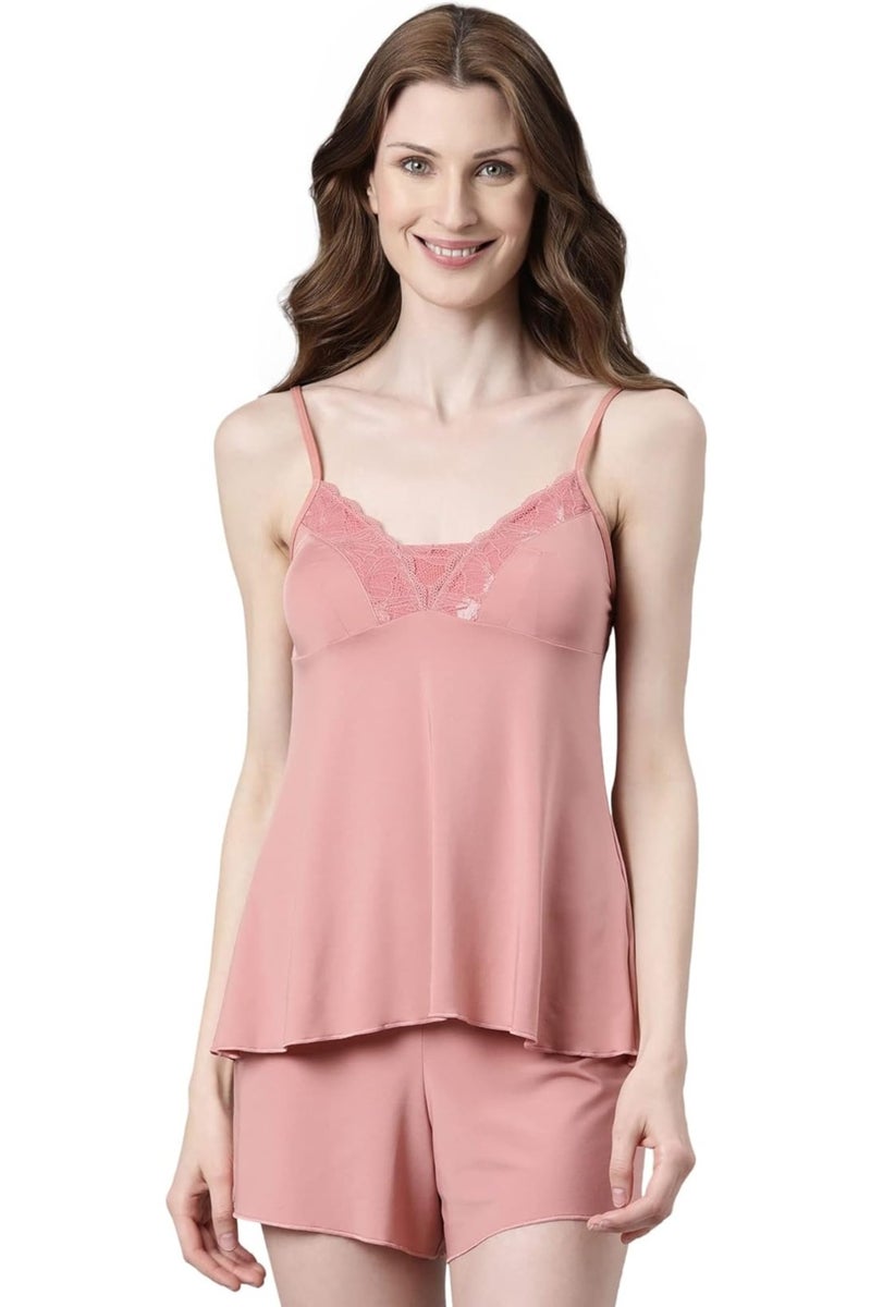 enamor Floral Lace V Neckline Adjustable Spaghetti Strap Women Pajama Set Dusty Rose - Image 1