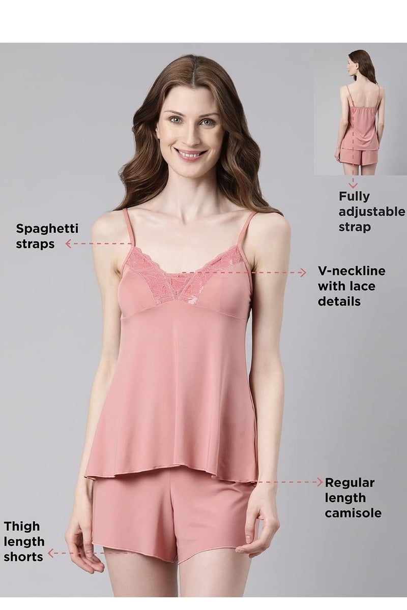 enamor Floral Lace V Neckline Adjustable Spaghetti Strap Women Pajama Set Dusty Rose - Image 2
