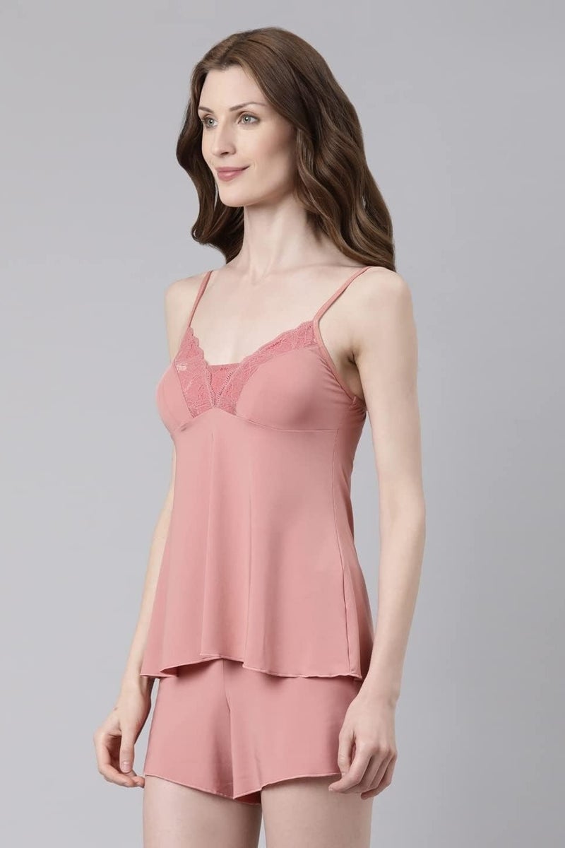 enamor Floral Lace V Neckline Adjustable Spaghetti Strap Women Pajama Set Dusty Rose - Image 4