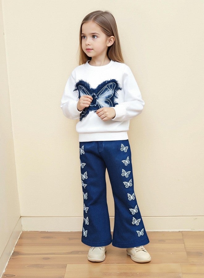 Renotemy Toddler Baby Girl Clothes Fall Winter Outfits Gifts Sweatshirt Bell Bottom Jeans Pants for 12Months-5 Year Girls, White Butterfly, 3-4 Years - Image 2