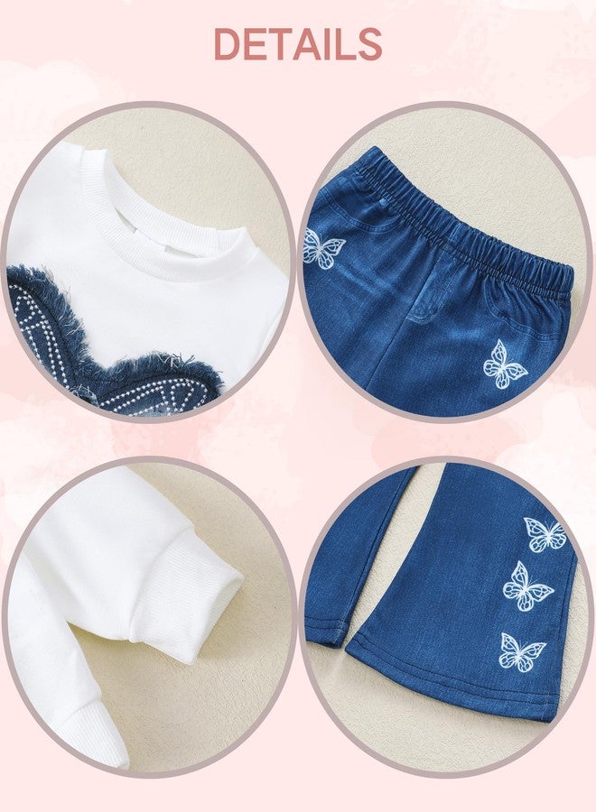 Renotemy Toddler Baby Girl Clothes Fall Winter Outfits Gifts Sweatshirt Bell Bottom Jeans Pants for 12Months-5 Year Girls, White Butterfly, 3-4 Years - Image 4