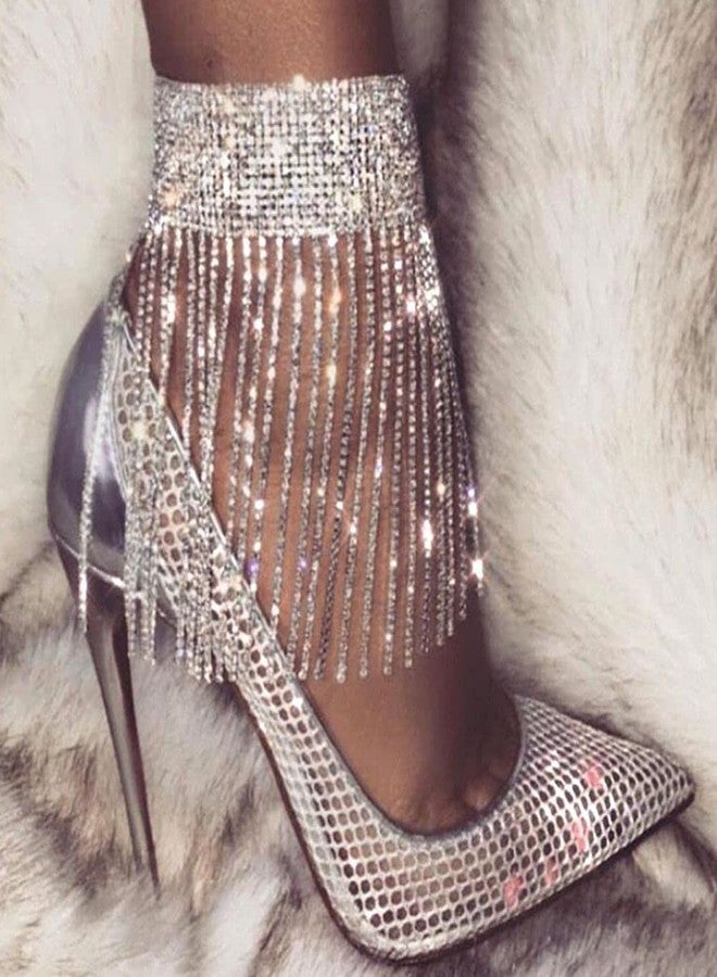 YERTTER 1pcs Wedding Silver Full Rhinestone Anklet Tassel Dangle Bangle Anklet Sparkly Adjustable High Heel Anklet Crystal Anklet Chain Accessories for Women (Silver 5) - Image 2