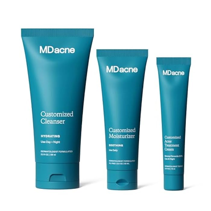 MDacne مجموعة علاج حب الشباب للوجه من MDacne 3 خطوات، كريم بنزويل بيروكسايد 2.5%، منظف حمض الساليسيليك، مرطب نياسيناميد – عناية بالبشرة نباتية طبية لحب الشباب للبالغين والمراهقين، مجموعة 30 يوم - Image 1
